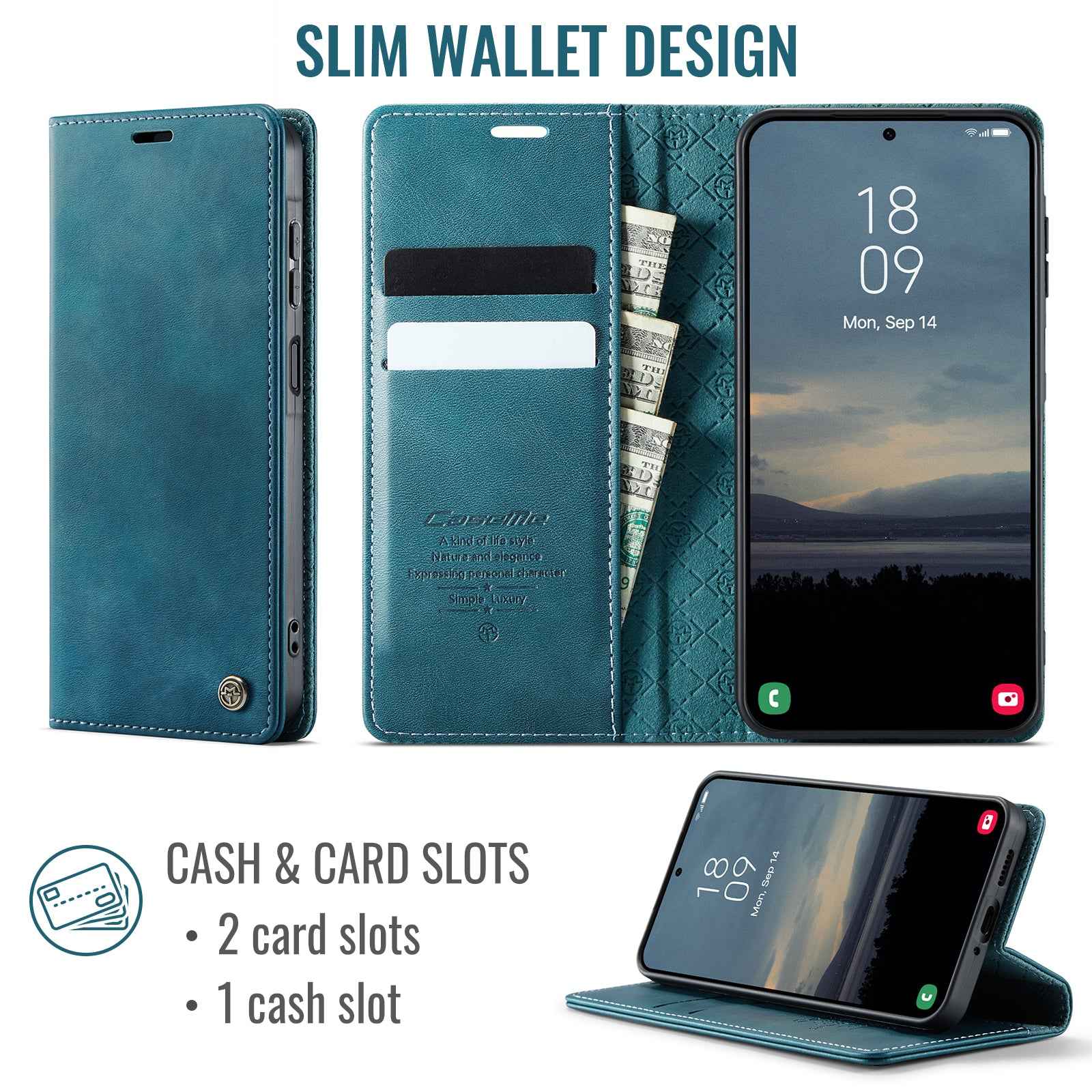 For Samsung Galaxy A57 5G Case CASEME 033 Series RFID Blocking Wallet Stand Calf Texture Leather Phone Cover - Green