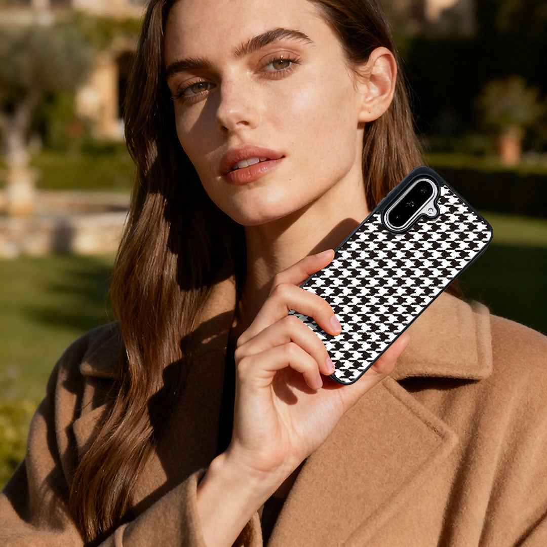 For Samsung Galaxy A57 5G Magnetic Case EYCASE Grid Series Black Edge TPU + Acrylic Cover - Black White Houndstooth