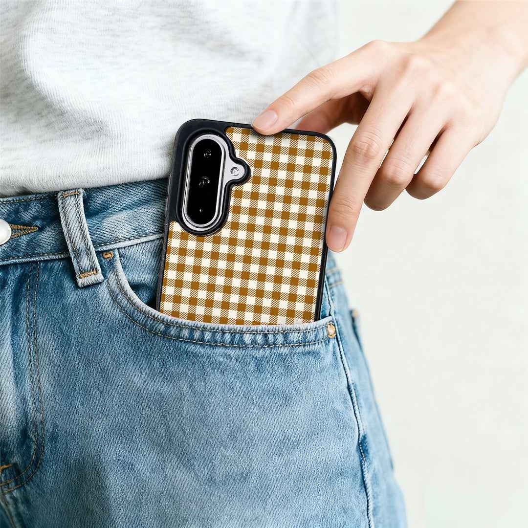For Samsung Galaxy A57 5G Magnetic Case EYCASE Grid Series Black Edge TPU + Acrylic Cover - Caramel Grid