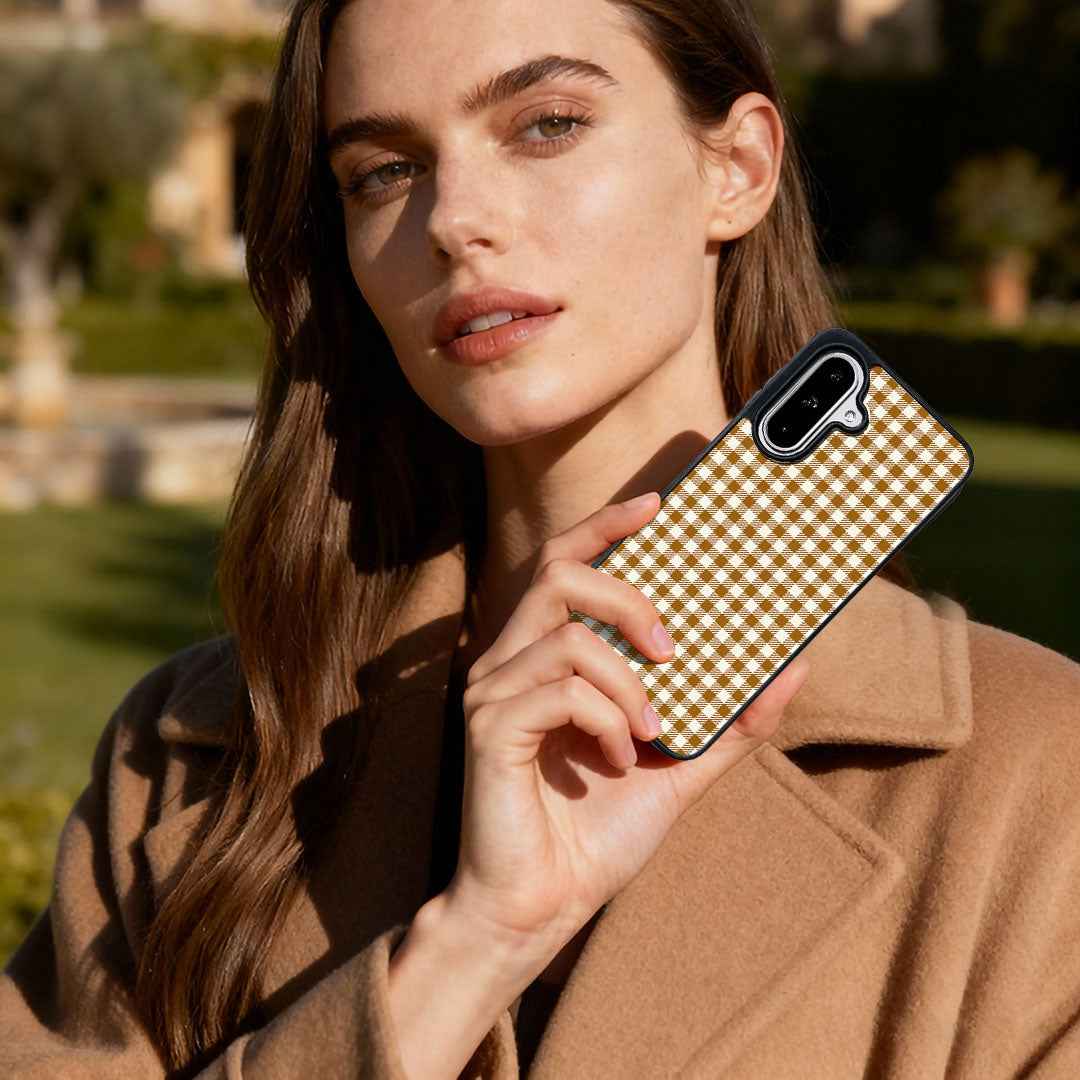 For Samsung Galaxy A57 5G Magnetic Case EYCASE Grid Series Black Edge TPU + Acrylic Cover - Caramel Grid