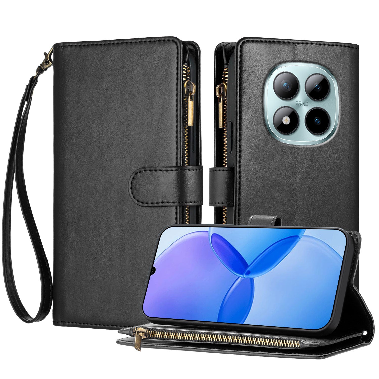 For Xiaomi Poco M8 Pro 5G / Xiaomi Redmi Note 15 Pro+ 5G (Global) Leather Case Zipper Wallet Stand Shockproof Phone Cover with Wrist Strap - Black