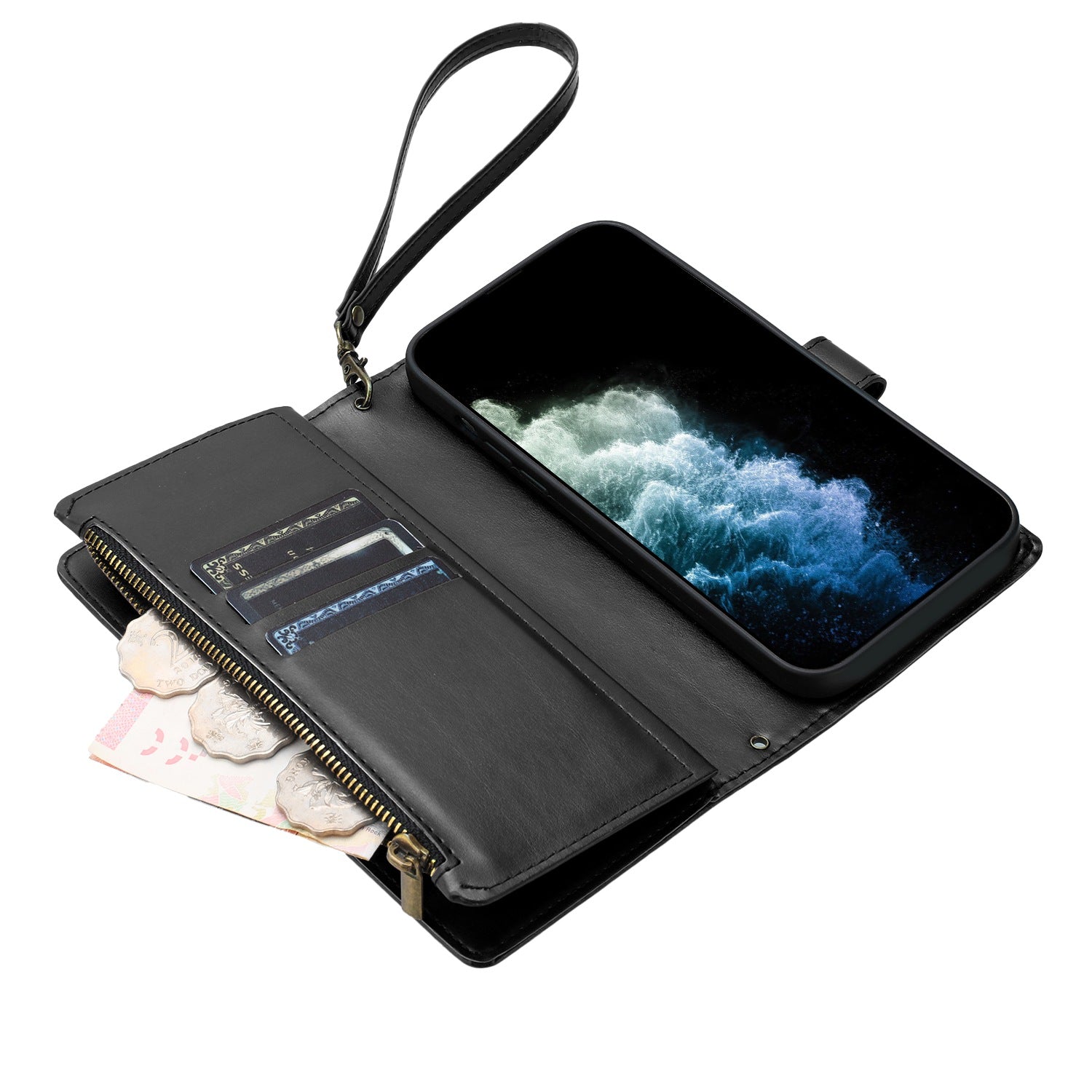 For Xiaomi Poco M8 Pro 5G / Xiaomi Redmi Note 15 Pro+ 5G (Global) Leather Case Zipper Wallet Stand Shockproof Phone Cover with Wrist Strap - Black
