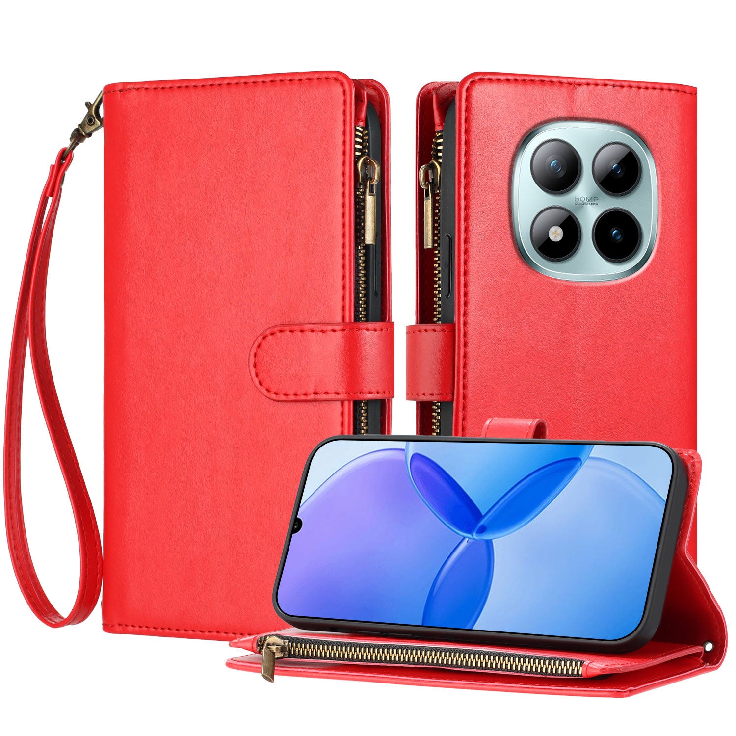 For Xiaomi Poco M8 Pro 5G / Xiaomi Redmi Note 15 Pro+ 5G (Global) Leather Case Zipper Wallet Stand Shockproof Phone Cover with Wrist Strap - Red