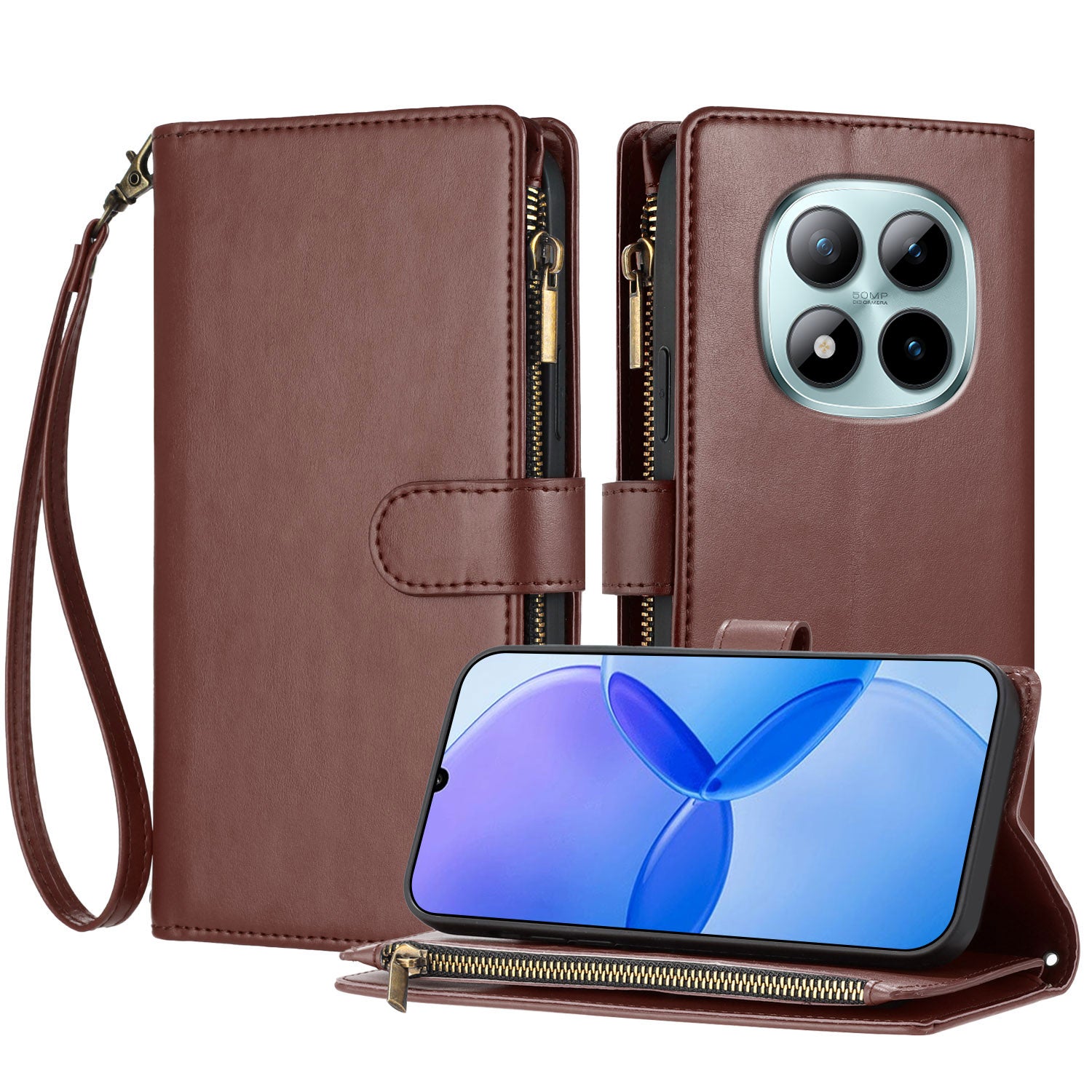For Xiaomi Poco M8 Pro 5G / Xiaomi Redmi Note 15 Pro+ 5G (Global) Leather Case Zipper Wallet Stand Shockproof Phone Cover with Wrist Strap - Brown