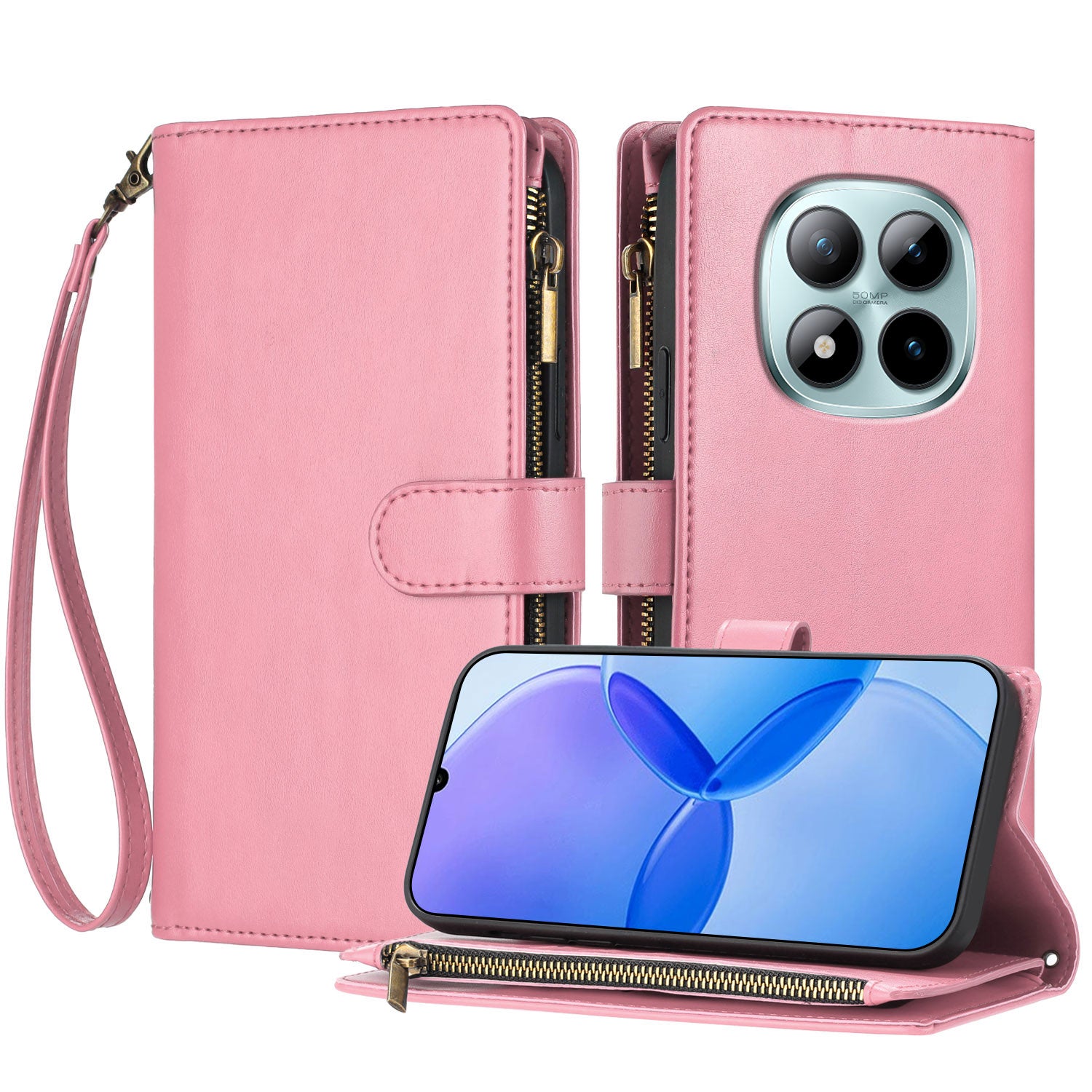 For Xiaomi Poco M8 Pro 5G / Xiaomi Redmi Note 15 Pro+ 5G (Global) Leather Case Zipper Wallet Stand Shockproof Phone Cover with Wrist Strap - Pink