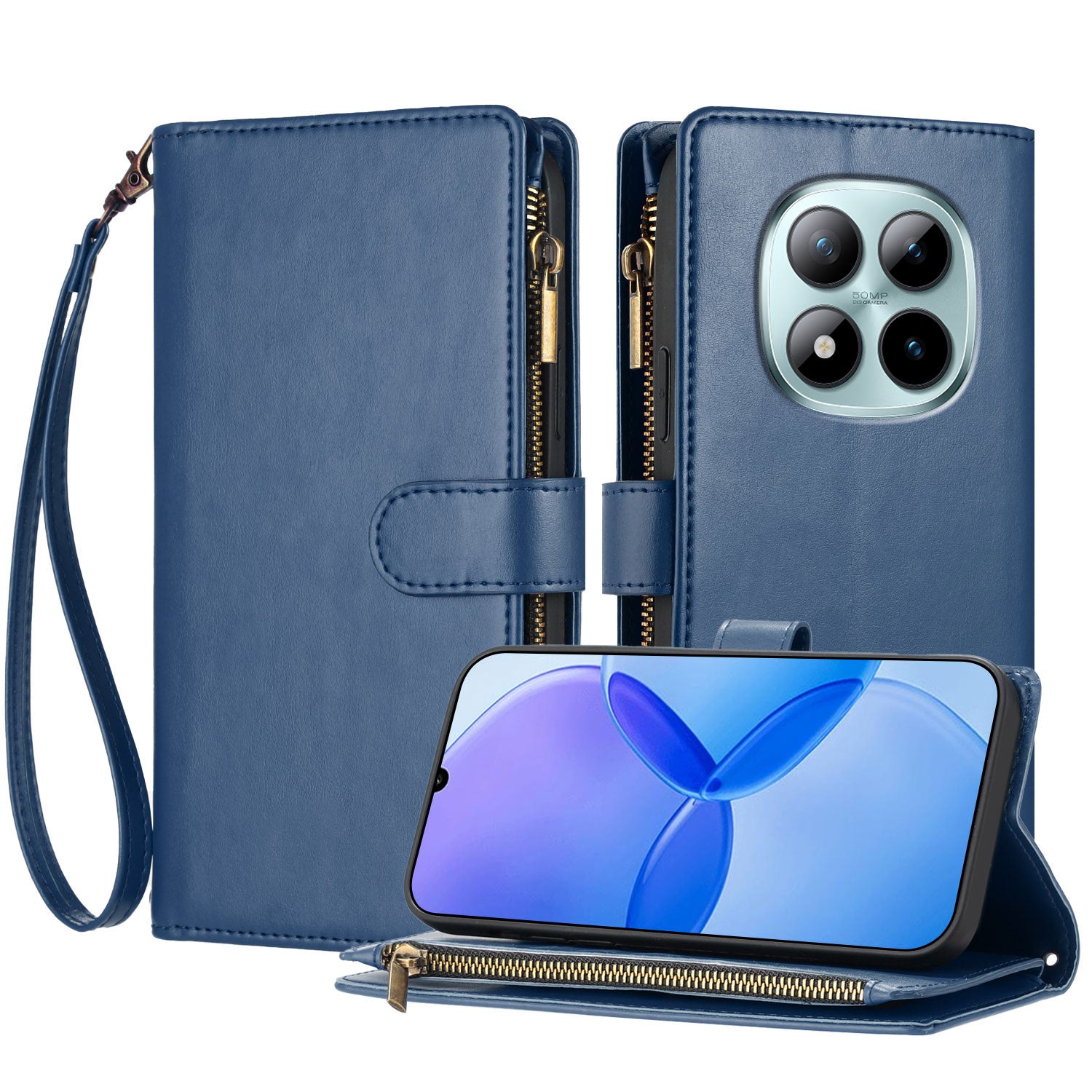 For Xiaomi Poco M8 Pro 5G / Xiaomi Redmi Note 15 Pro+ 5G (Global) Leather Case Zipper Wallet Stand Shockproof Phone Cover with Wrist Strap - Blue