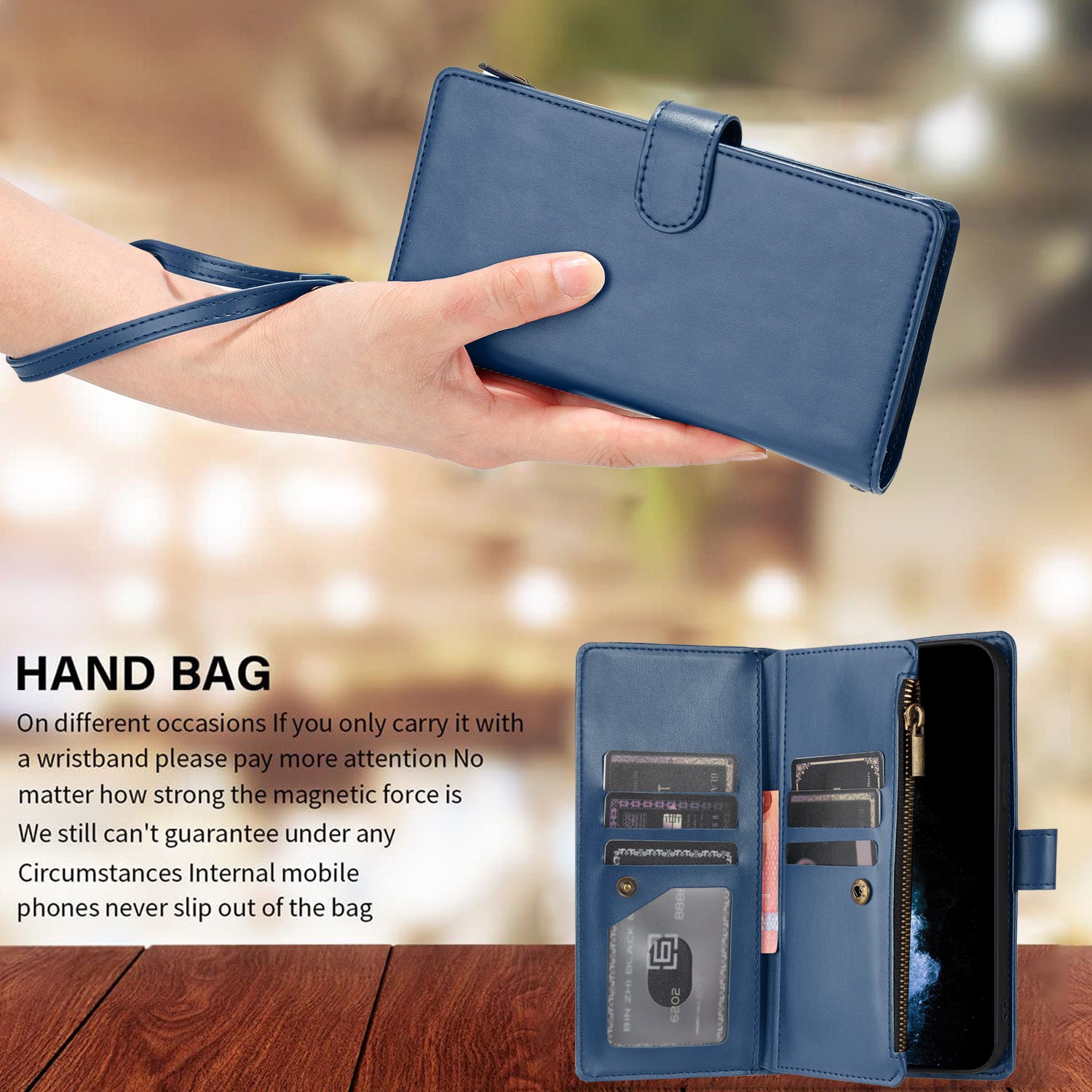 For Xiaomi Poco M8 Pro 5G / Xiaomi Redmi Note 15 Pro+ 5G (Global) Leather Case Zipper Wallet Stand Shockproof Phone Cover with Wrist Strap - Blue