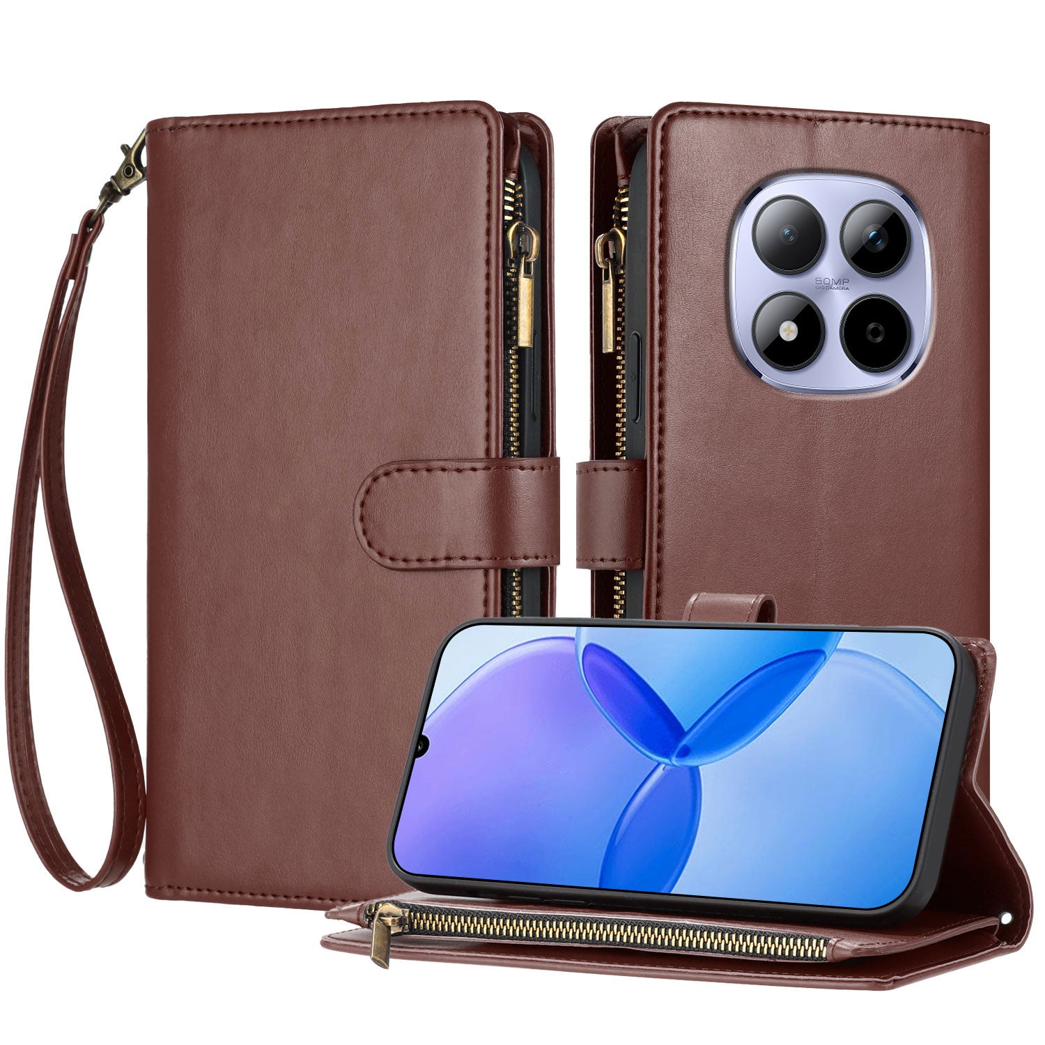 For Xiaomi Redmi Note 15 Pro 5G (Global) Leather Case Zipper Wallet Stand Shockproof Phone Cover with Wrist Strap - Brown