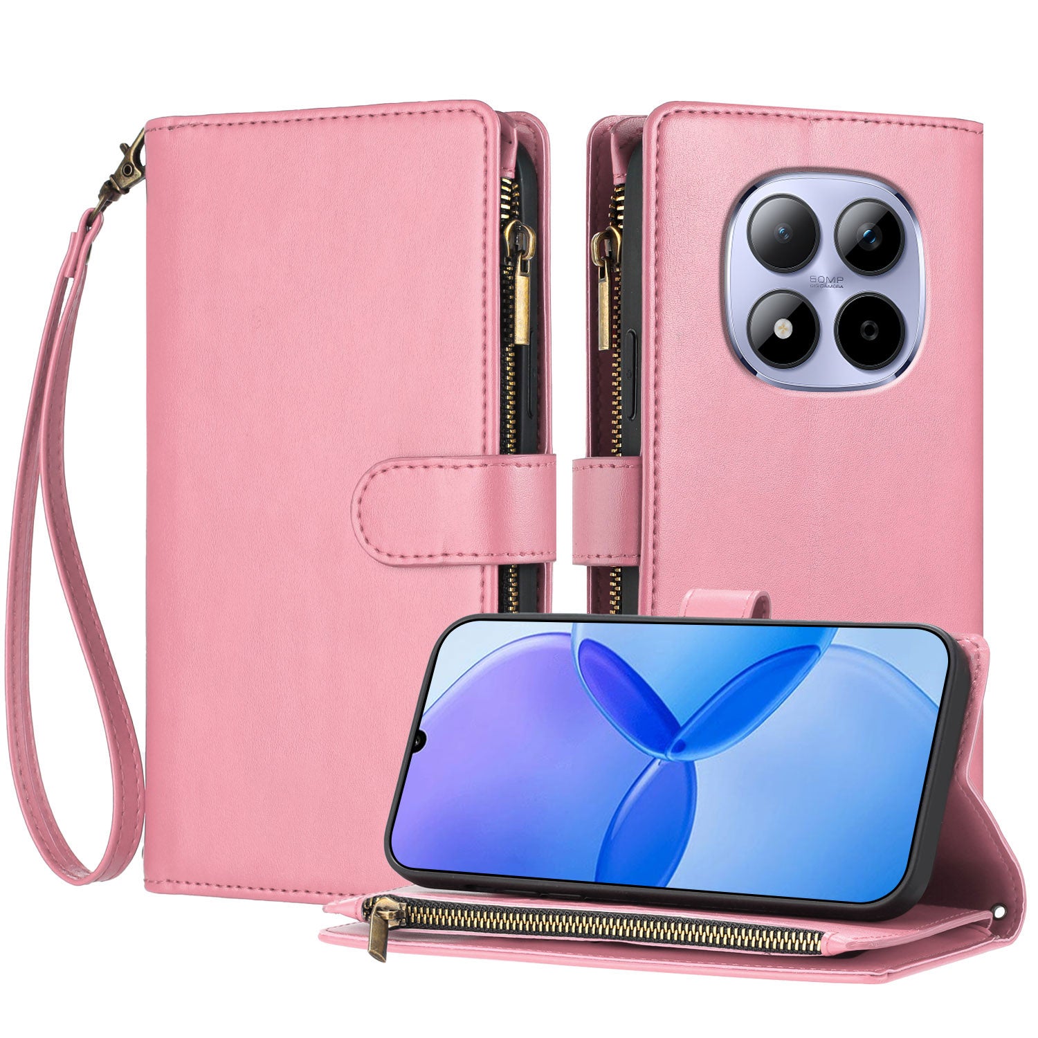For Xiaomi Redmi Note 15 Pro 5G (Global) Leather Case Zipper Wallet Stand Shockproof Phone Cover with Wrist Strap - Pink