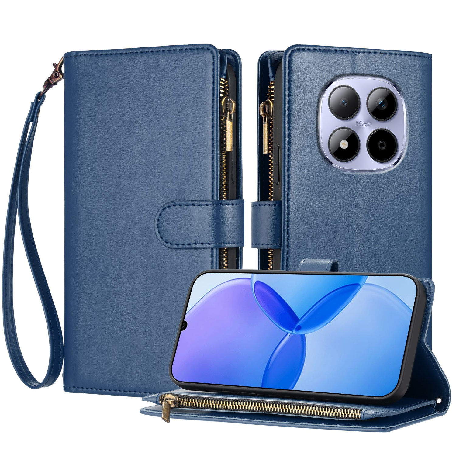 For Xiaomi Redmi Note 15 Pro 5G (Global) Leather Case Zipper Wallet Stand Shockproof Phone Cover with Wrist Strap - Blue
