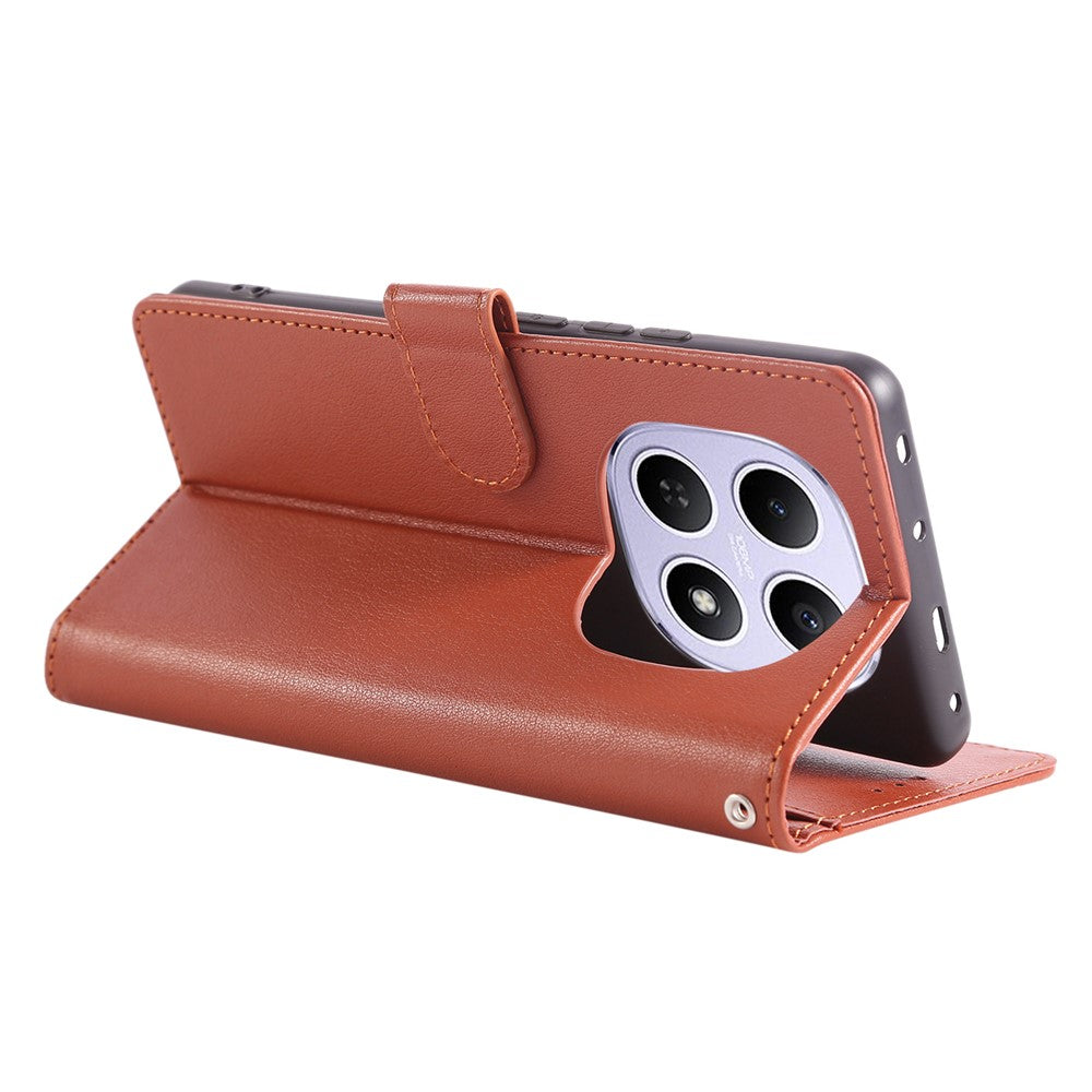 For Xiaomi Poco M8 5G / Redmi Note 15 5G (Global) Case PU Leather Wallet Stand Phone Cover with Wrist Strap - Brown
