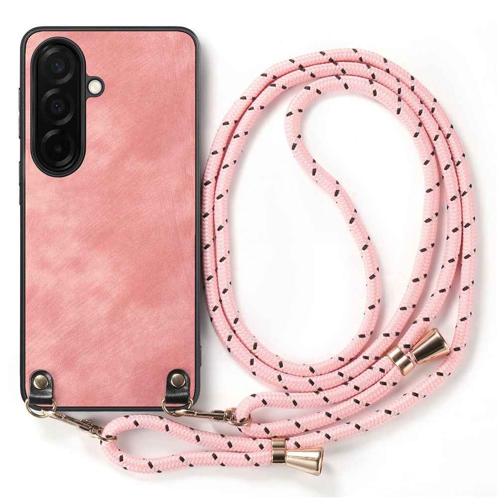 For Samsung Galaxy A57 5G Retro Leather Phone Back Cover with Adjustable Strap - Pink