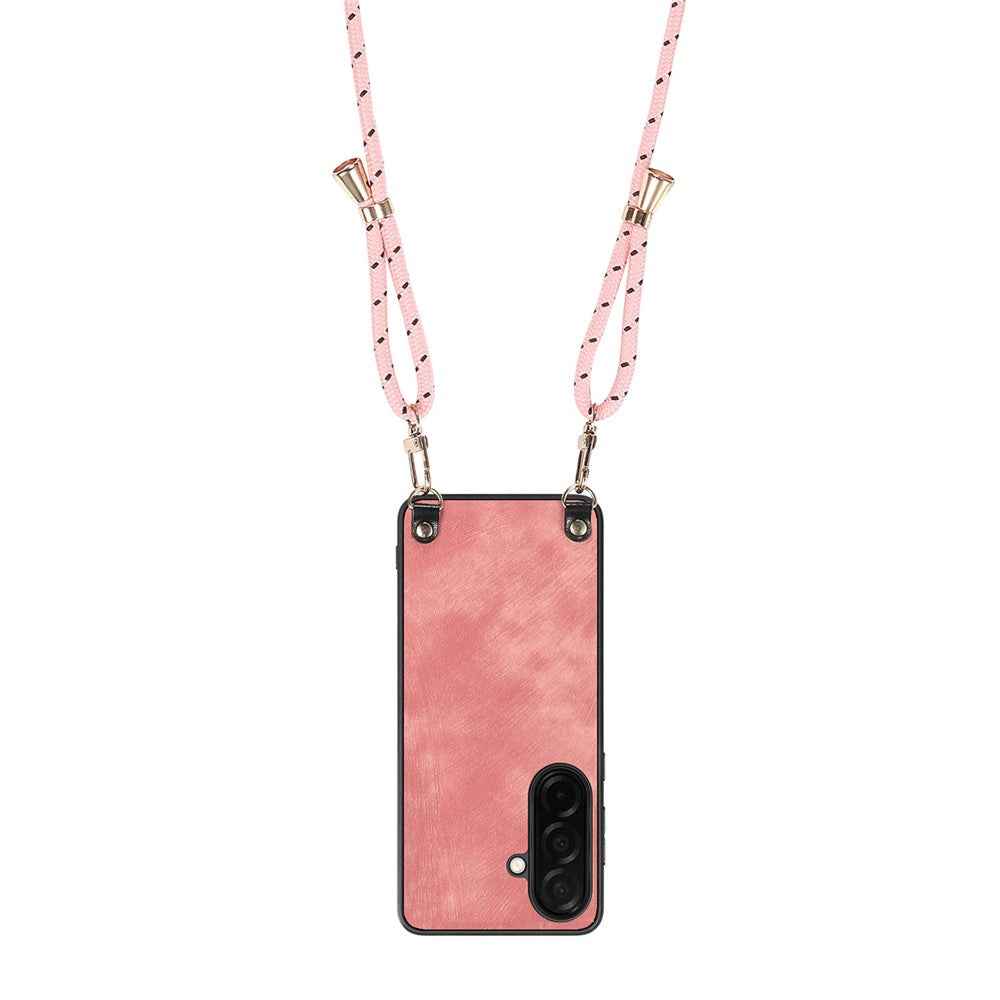 For Samsung Galaxy A57 5G Retro Leather Phone Back Cover with Adjustable Strap - Pink