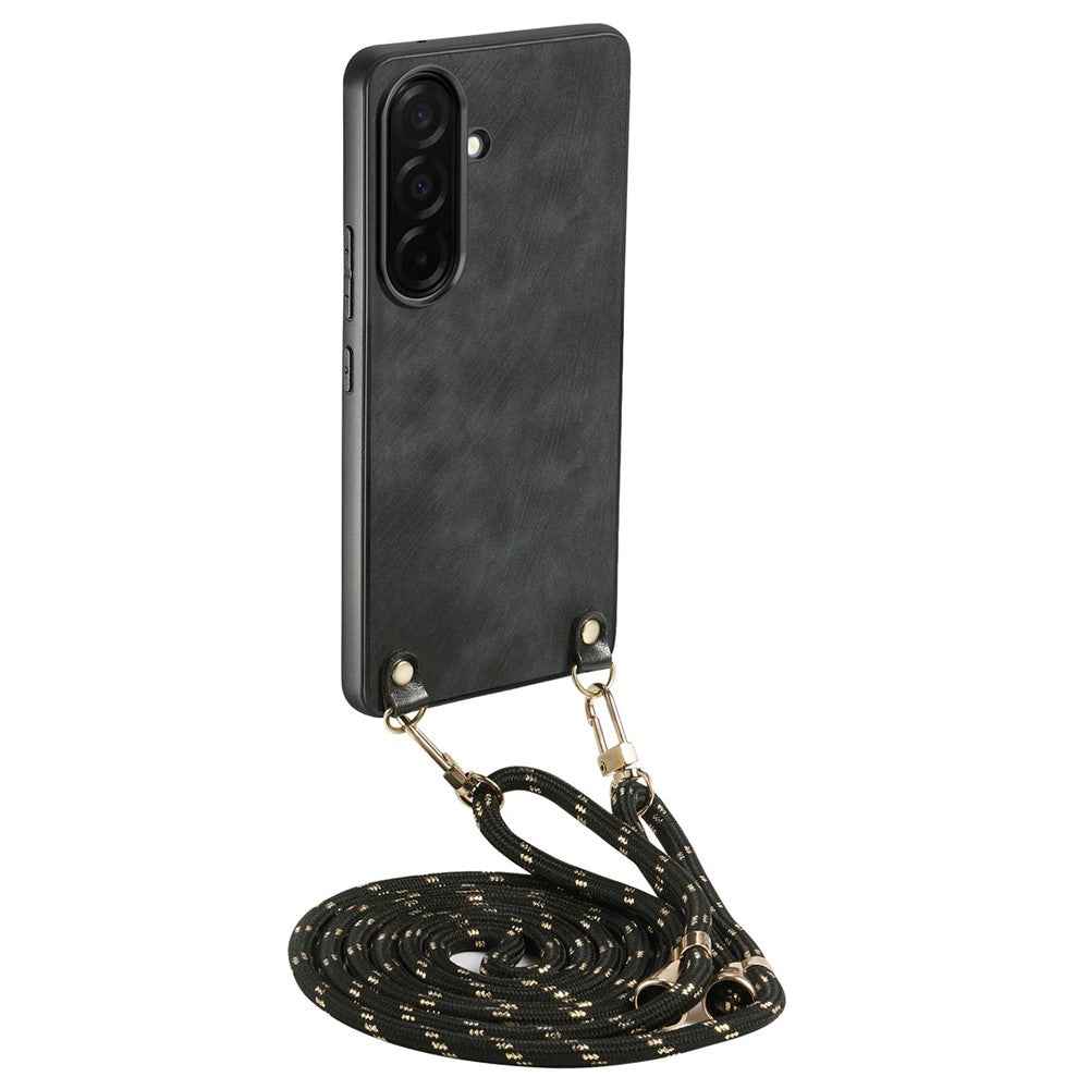 For Samsung Galaxy A57 5G Retro Leather Phone Back Cover with Adjustable Strap - Black