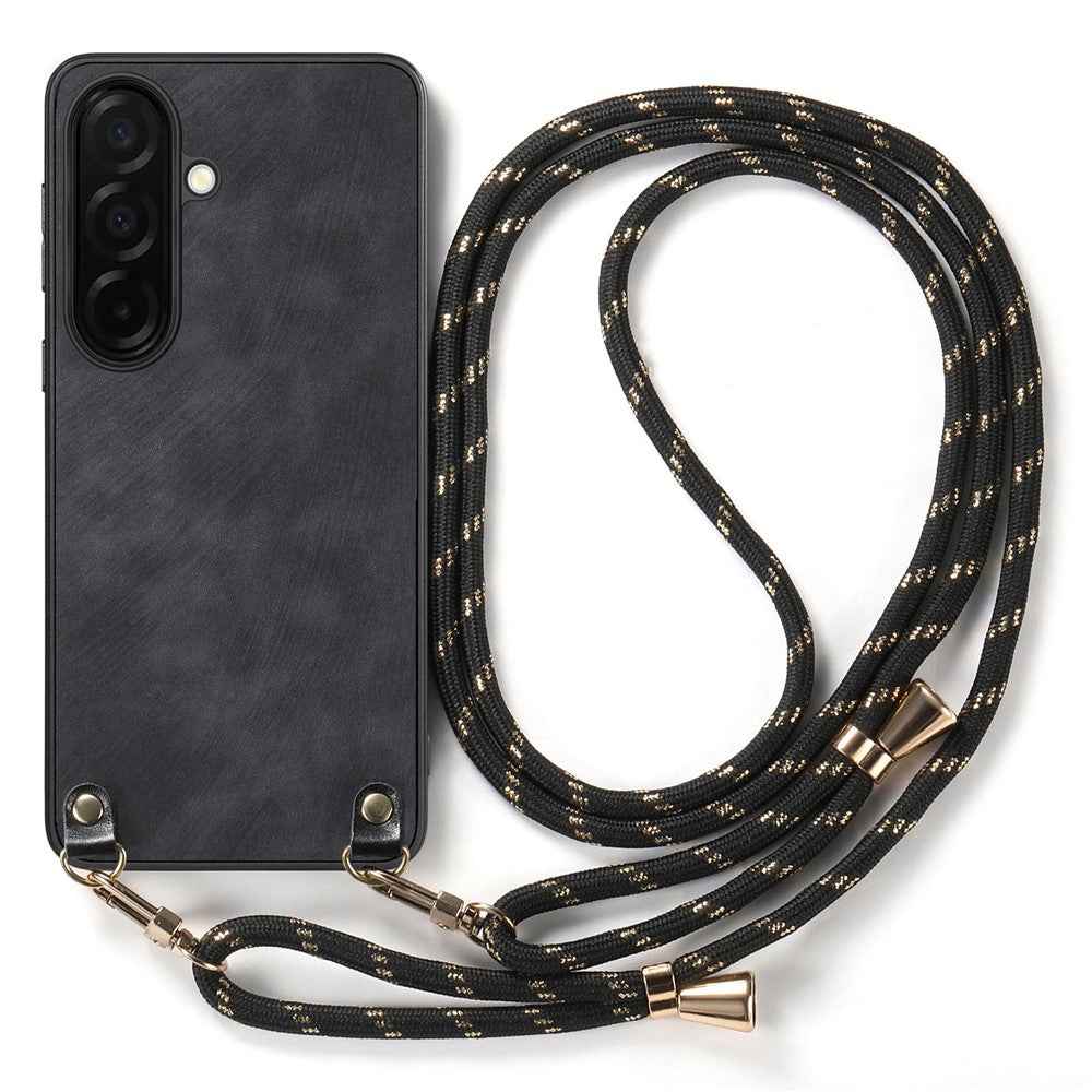 For Samsung Galaxy A57 5G Retro Leather Phone Back Cover with Adjustable Strap - Black