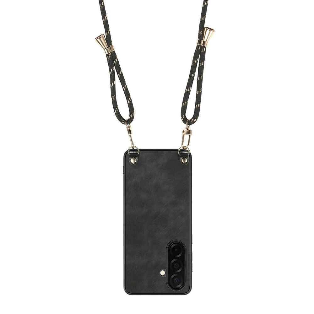 For Samsung Galaxy A57 5G Retro Leather Phone Back Cover with Adjustable Strap - Black