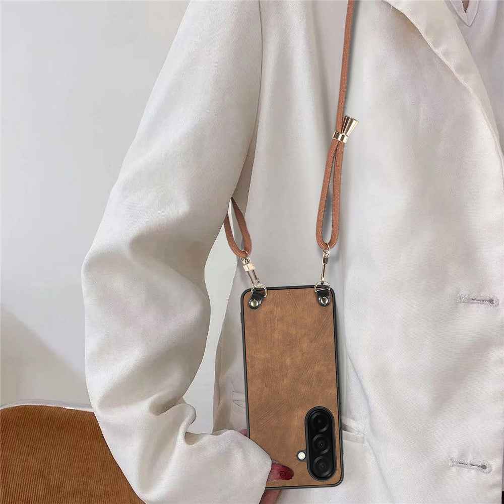 For Samsung Galaxy A57 5G Retro Leather Phone Back Cover with Adjustable Strap - Black