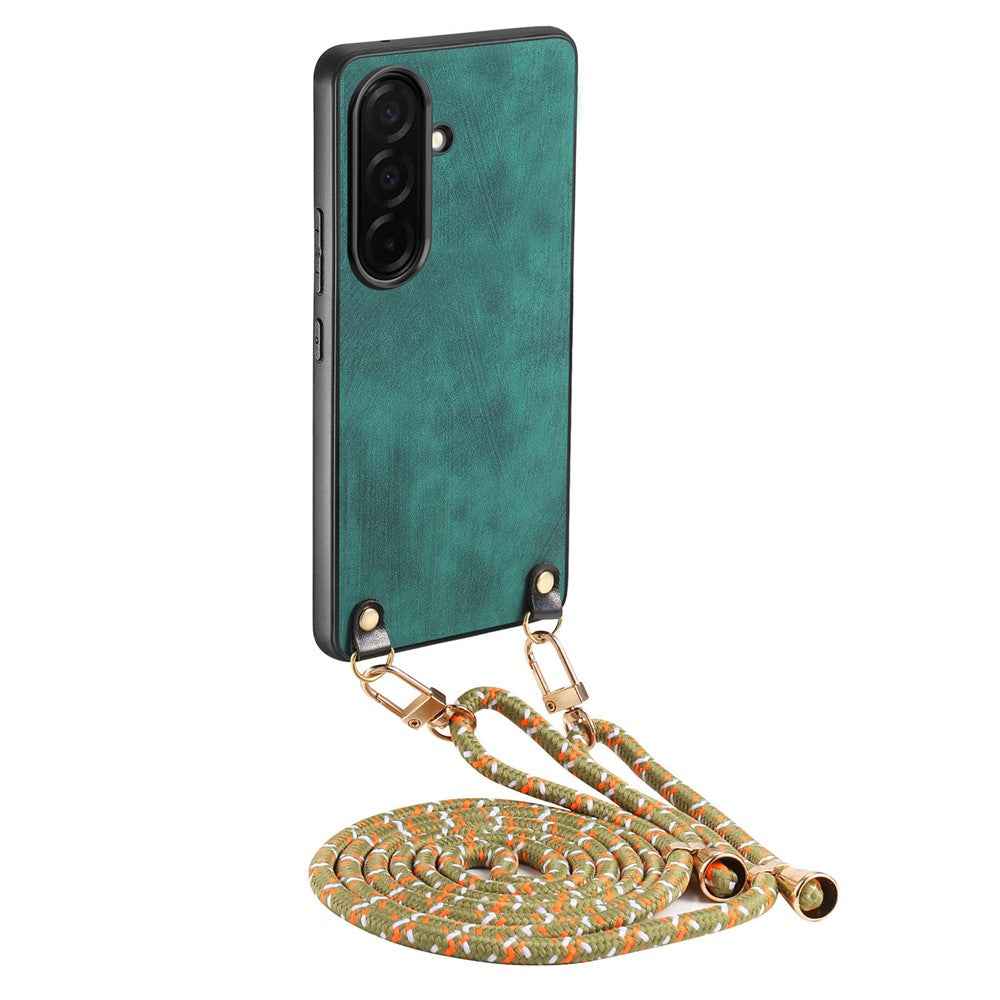 For Samsung Galaxy A57 5G Retro Leather Phone Back Cover with Adjustable Strap - Green