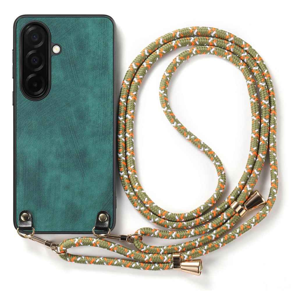 For Samsung Galaxy A57 5G Retro Leather Phone Back Cover with Adjustable Strap - Green
