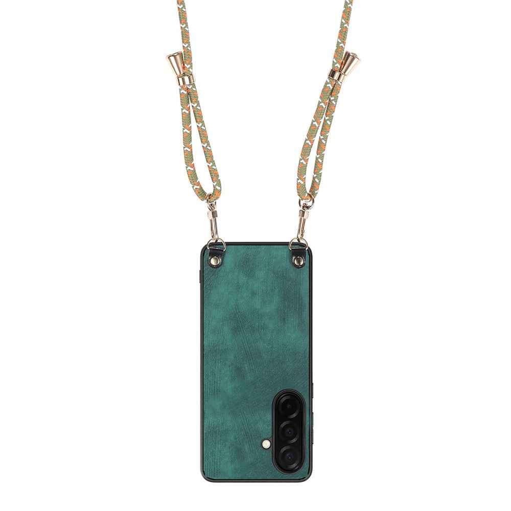 For Samsung Galaxy A57 5G Retro Leather Phone Back Cover with Adjustable Strap - Green