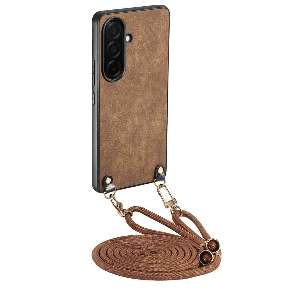 For Samsung Galaxy A57 5G Retro Leather Phone Back Cover with Adjustable Strap - Brown