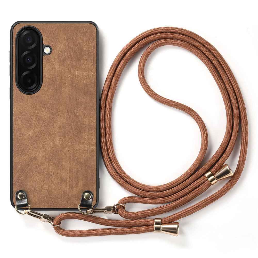 For Samsung Galaxy A57 5G Retro Leather Phone Back Cover with Adjustable Strap - Brown