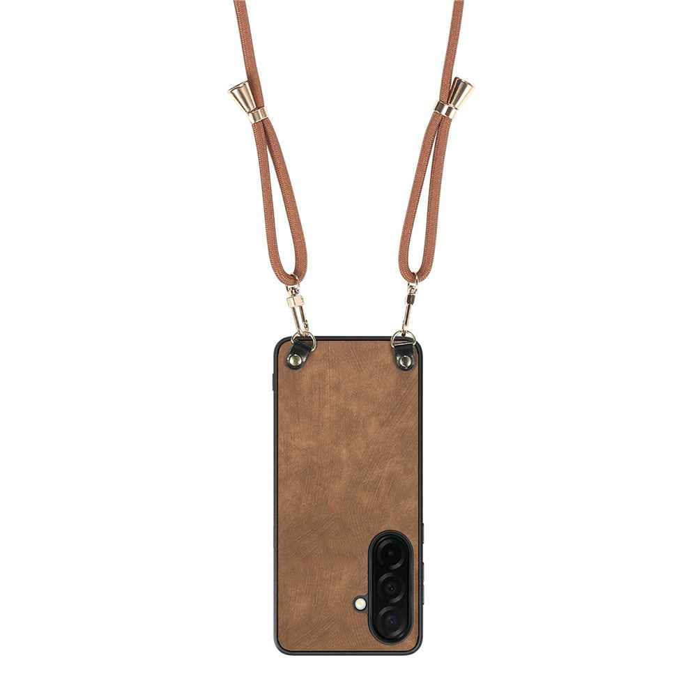 For Samsung Galaxy A57 5G Retro Leather Phone Back Cover with Adjustable Strap - Brown