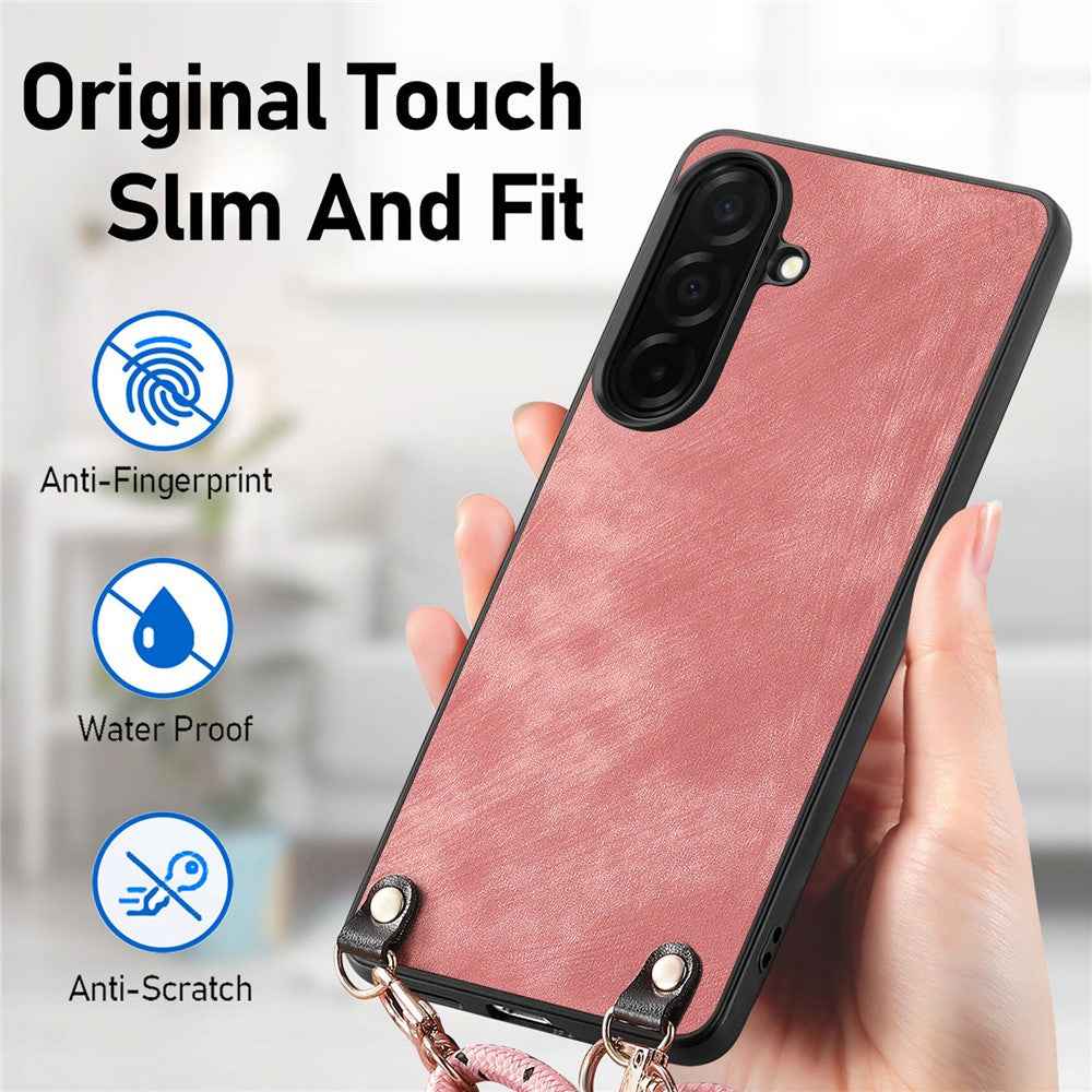 For Samsung Galaxy A57 5G Retro Leather Phone Back Cover with Adjustable Strap - Brown