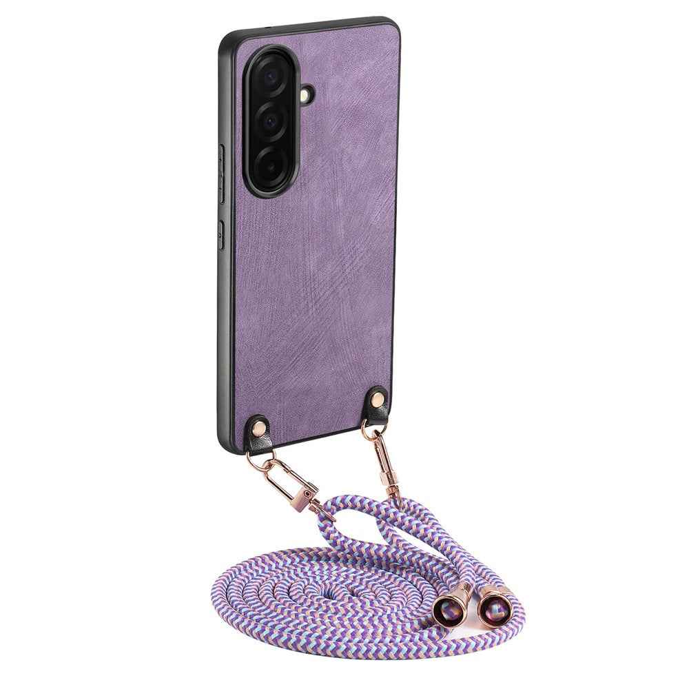 For Samsung Galaxy A57 5G Retro Leather Phone Back Cover with Adjustable Strap - Purple