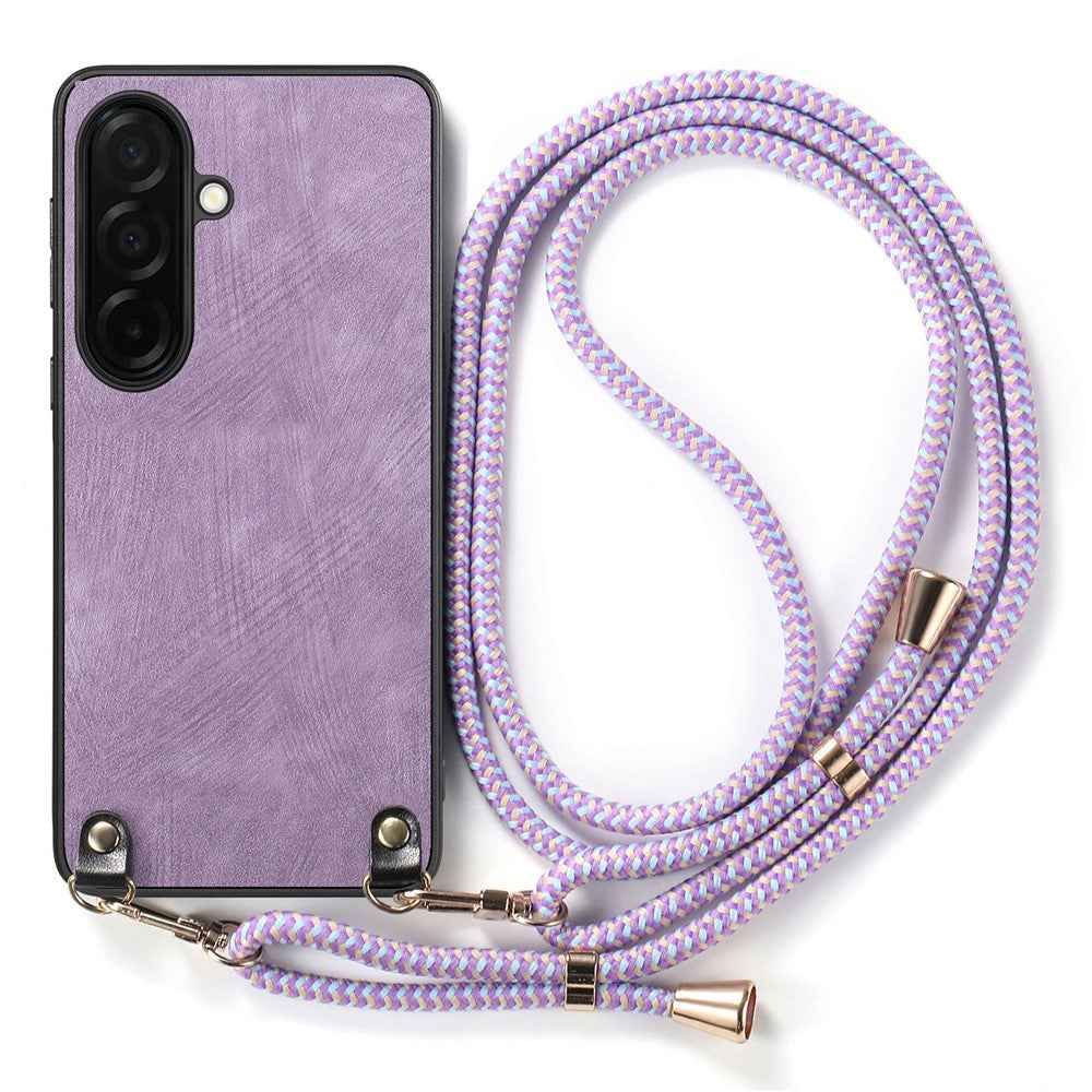 For Samsung Galaxy A57 5G Retro Leather Phone Back Cover with Adjustable Strap - Purple