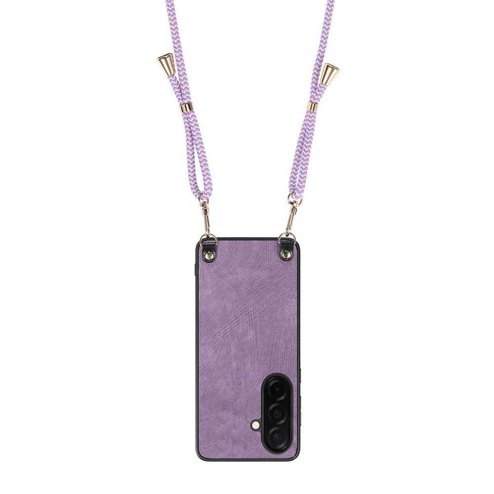 For Samsung Galaxy A57 5G Retro Leather Phone Back Cover with Adjustable Strap - Purple