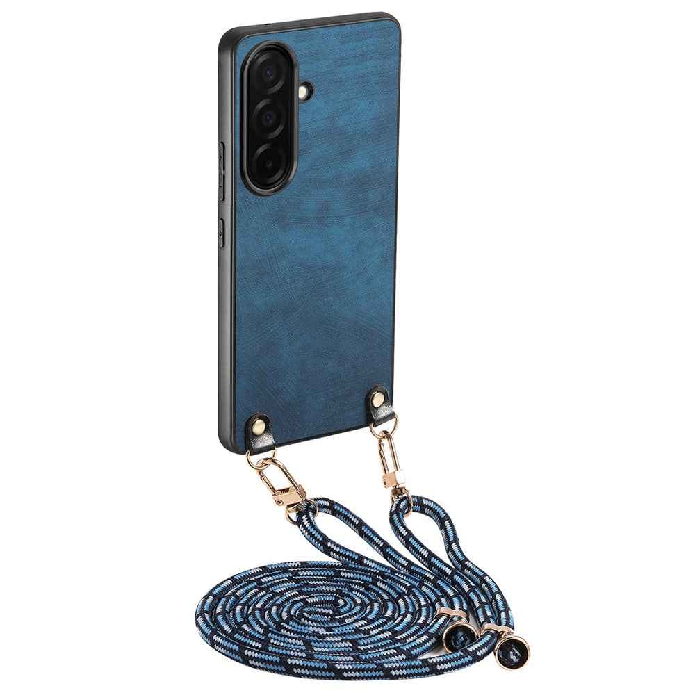 For Samsung Galaxy A57 5G Retro Leather Phone Back Cover with Adjustable Strap - Blue