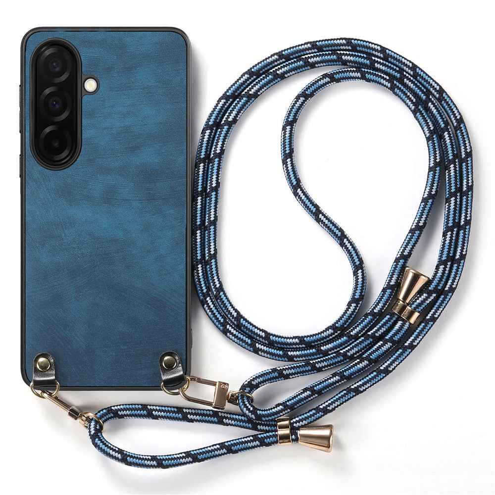 For Samsung Galaxy A57 5G Retro Leather Phone Back Cover with Adjustable Strap - Blue