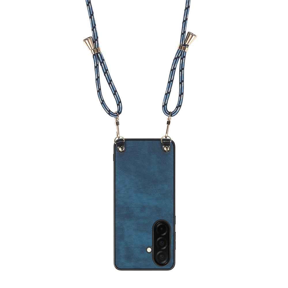 For Samsung Galaxy A57 5G Retro Leather Phone Back Cover with Adjustable Strap - Blue