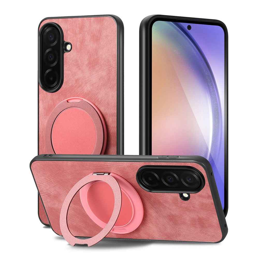 For Samsung Galaxy A57 5G Stress Relief Retro Leather Back Cover Phone Case with Rotating Kickstand - Pink