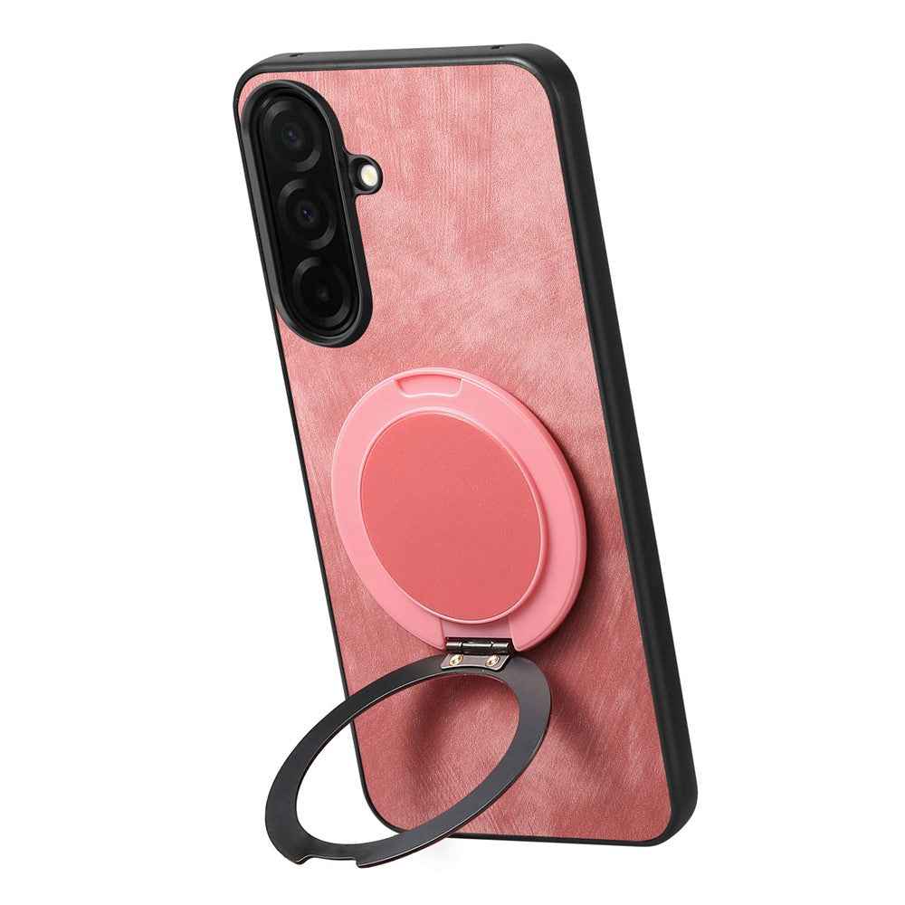 For Samsung Galaxy A57 5G Stress Relief Retro Leather Back Cover Phone Case with Rotating Kickstand - Pink