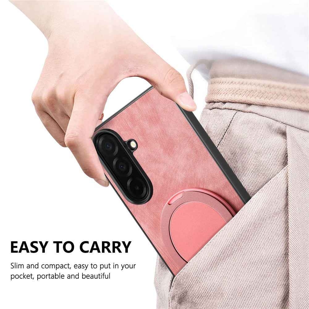 For Samsung Galaxy A57 5G Stress Relief Retro Leather Back Cover Phone Case with Rotating Kickstand - Pink