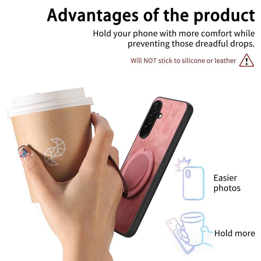 For Samsung Galaxy A57 5G Stress Relief Retro Leather Back Cover Phone Case with Rotating Kickstand - Pink