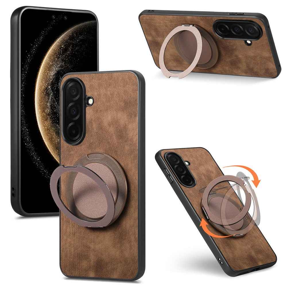 For Samsung Galaxy A57 5G Stress Relief Retro Leather Back Cover Phone Case with Rotating Kickstand - Brown
