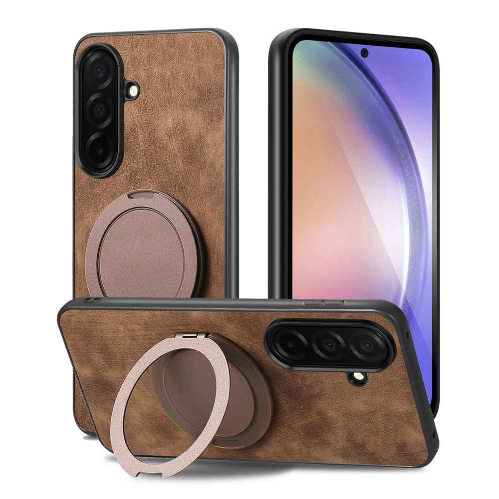 For Samsung Galaxy A57 5G Stress Relief Retro Leather Back Cover Phone Case with Rotating Kickstand - Brown