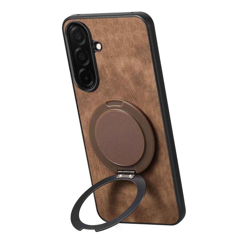 For Samsung Galaxy A57 5G Stress Relief Retro Leather Back Cover Phone Case with Rotating Kickstand - Brown