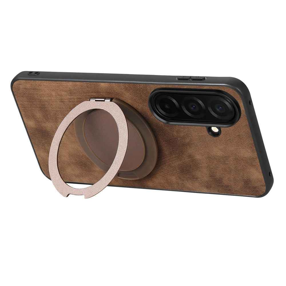 For Samsung Galaxy A57 5G Stress Relief Retro Leather Back Cover Phone Case with Rotating Kickstand - Brown