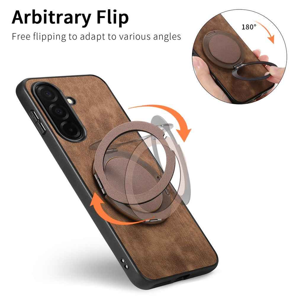 For Samsung Galaxy A57 5G Stress Relief Retro Leather Back Cover Phone Case with Rotating Kickstand - Brown