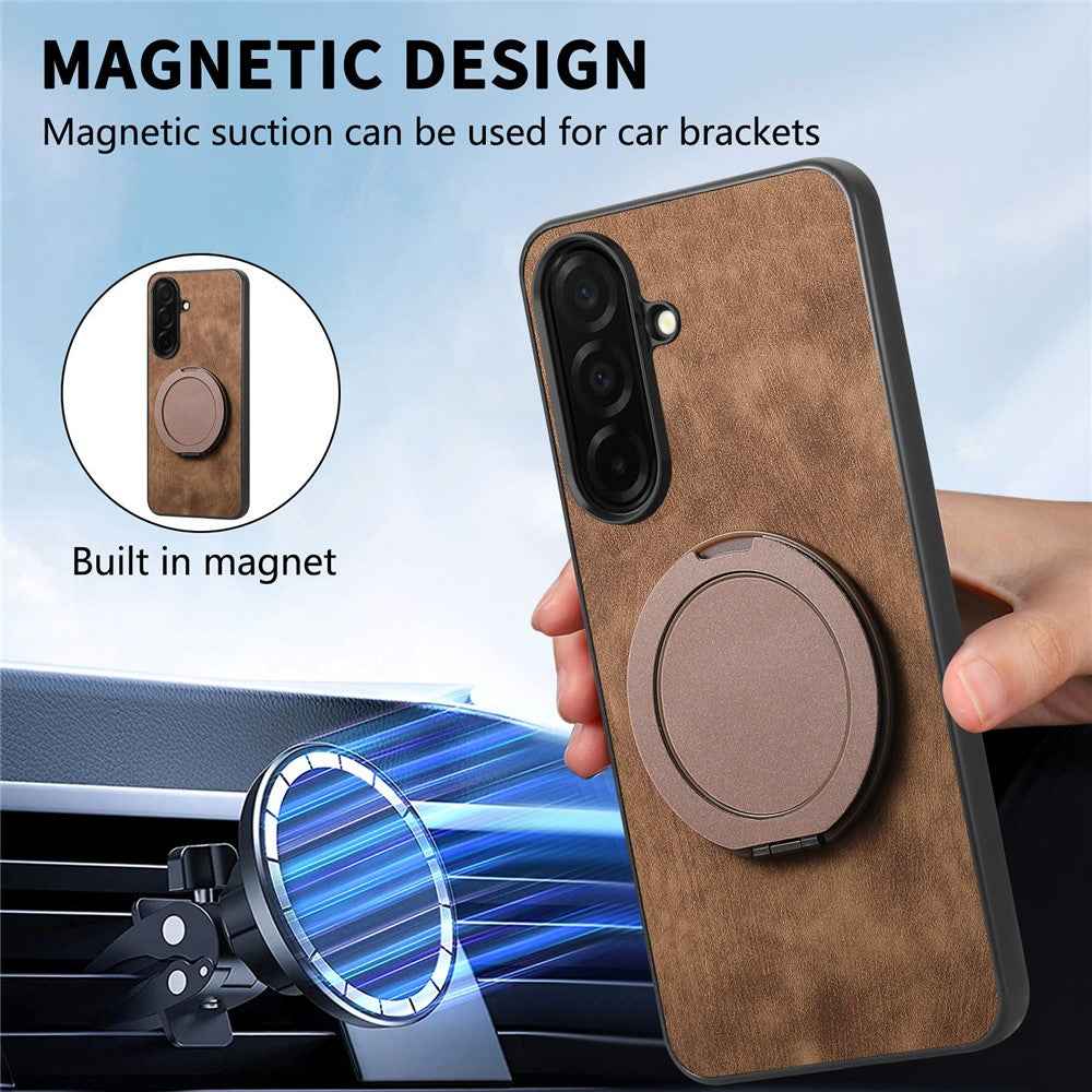 For Samsung Galaxy A57 5G Stress Relief Retro Leather Back Cover Phone Case with Rotating Kickstand - Brown