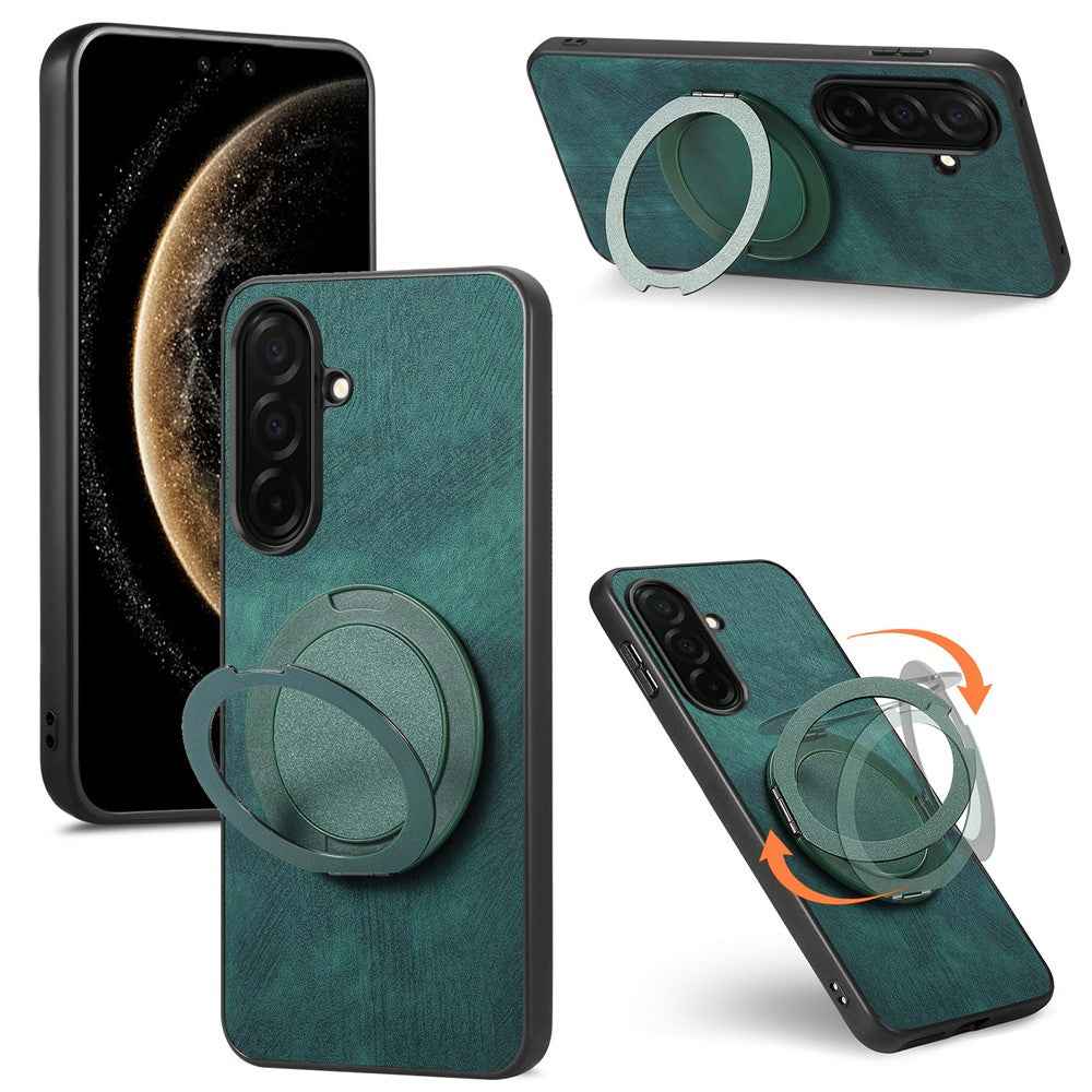 For Samsung Galaxy A57 5G Stress Relief Retro Leather Back Cover Phone Case with Rotating Kickstand - Green