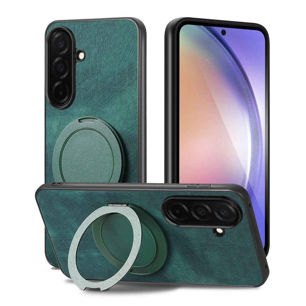 For Samsung Galaxy A57 5G Stress Relief Retro Leather Back Cover Phone Case with Rotating Kickstand - Green