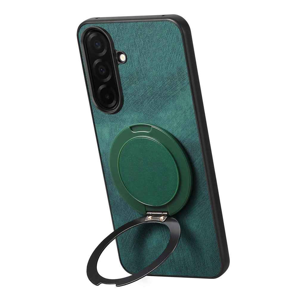 For Samsung Galaxy A57 5G Stress Relief Retro Leather Back Cover Phone Case with Rotating Kickstand - Green