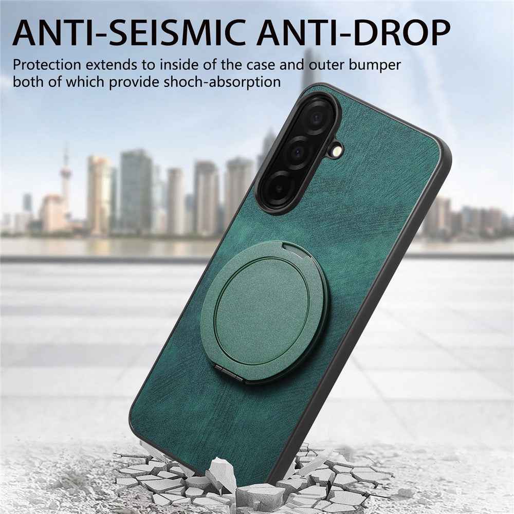 For Samsung Galaxy A57 5G Stress Relief Retro Leather Back Cover Phone Case with Rotating Kickstand - Green