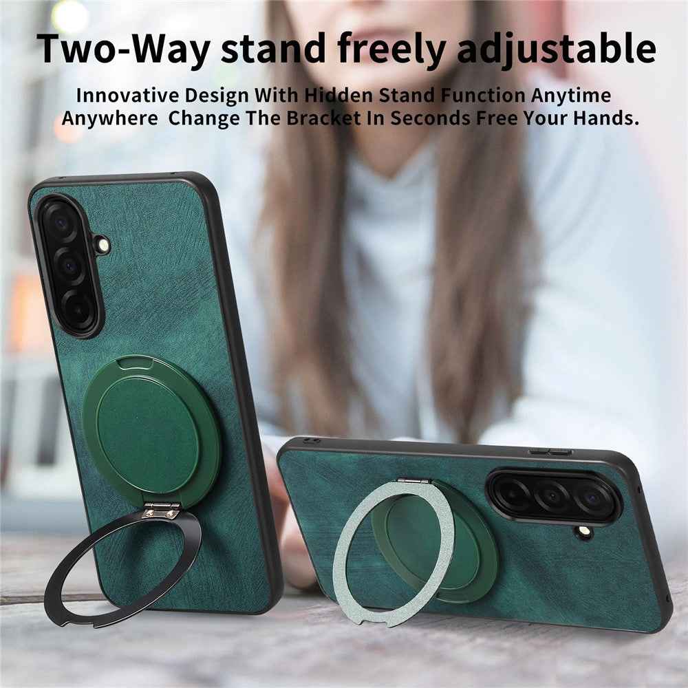 For Samsung Galaxy A57 5G Stress Relief Retro Leather Back Cover Phone Case with Rotating Kickstand - Green