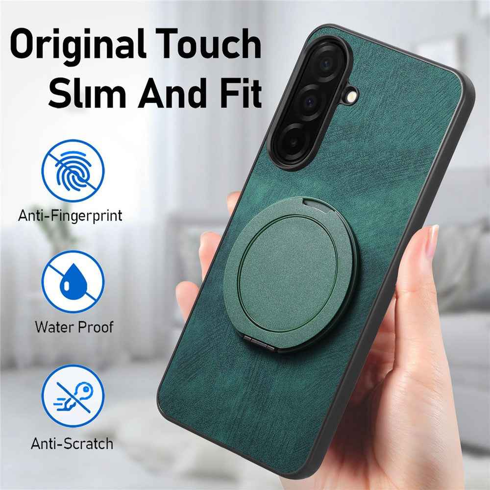 For Samsung Galaxy A57 5G Stress Relief Retro Leather Back Cover Phone Case with Rotating Kickstand - Green